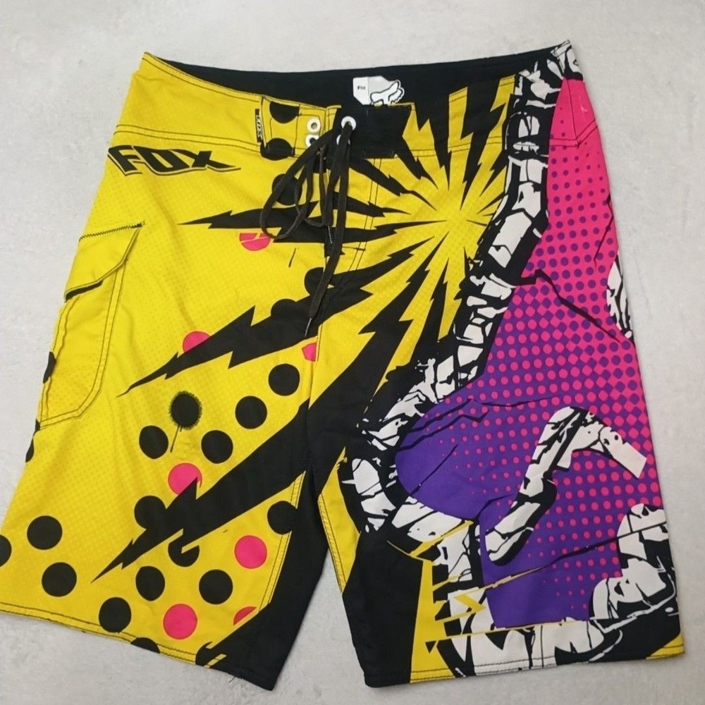 Fox Racing Shorts Mens 36 Yellow Colorblock 11" Y2K Board Shorts Drawstring